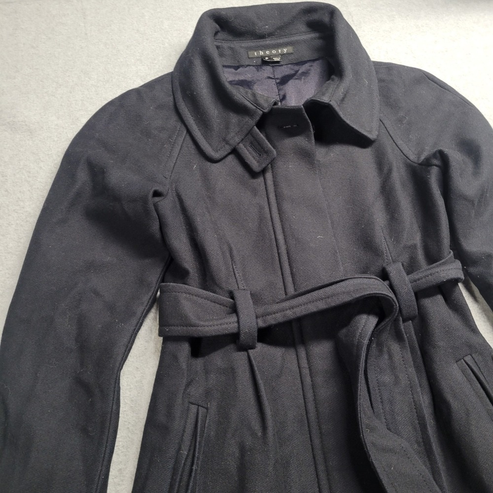 Theory Black Wool Blend Belted Trench Coat Jacket Petite P Zip Up Raglan Sleeve - Picture 2 of 11